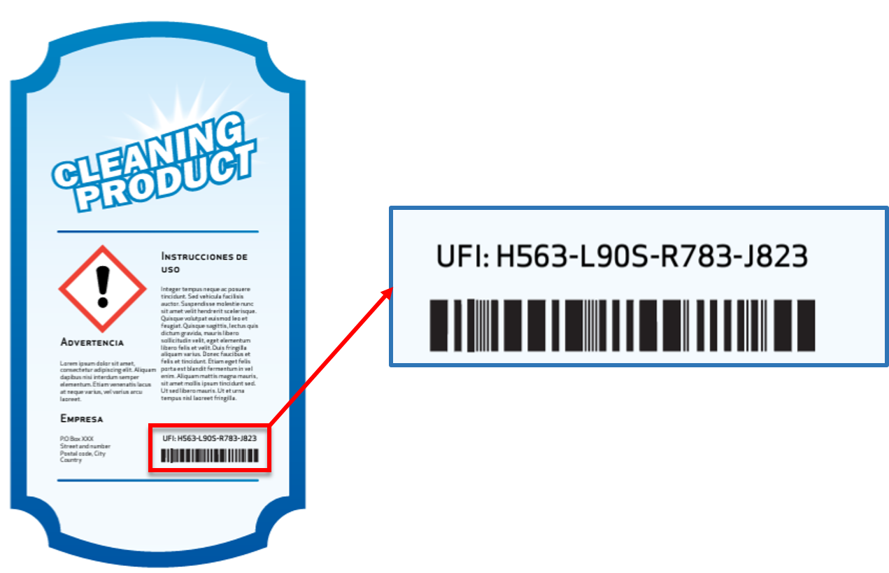 Etiqueta de un producto químico y detalle del código UFI