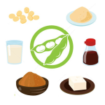 Soja y diferentes alimentos con soja: salsa de soja, arroz con soja, etc...